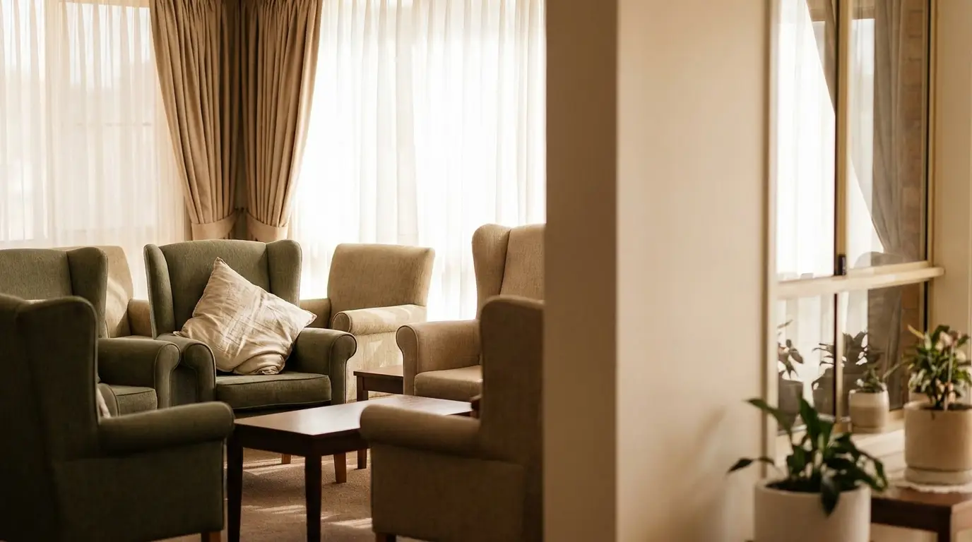 Cozy living room with green armchairs and beige curtains in natural light