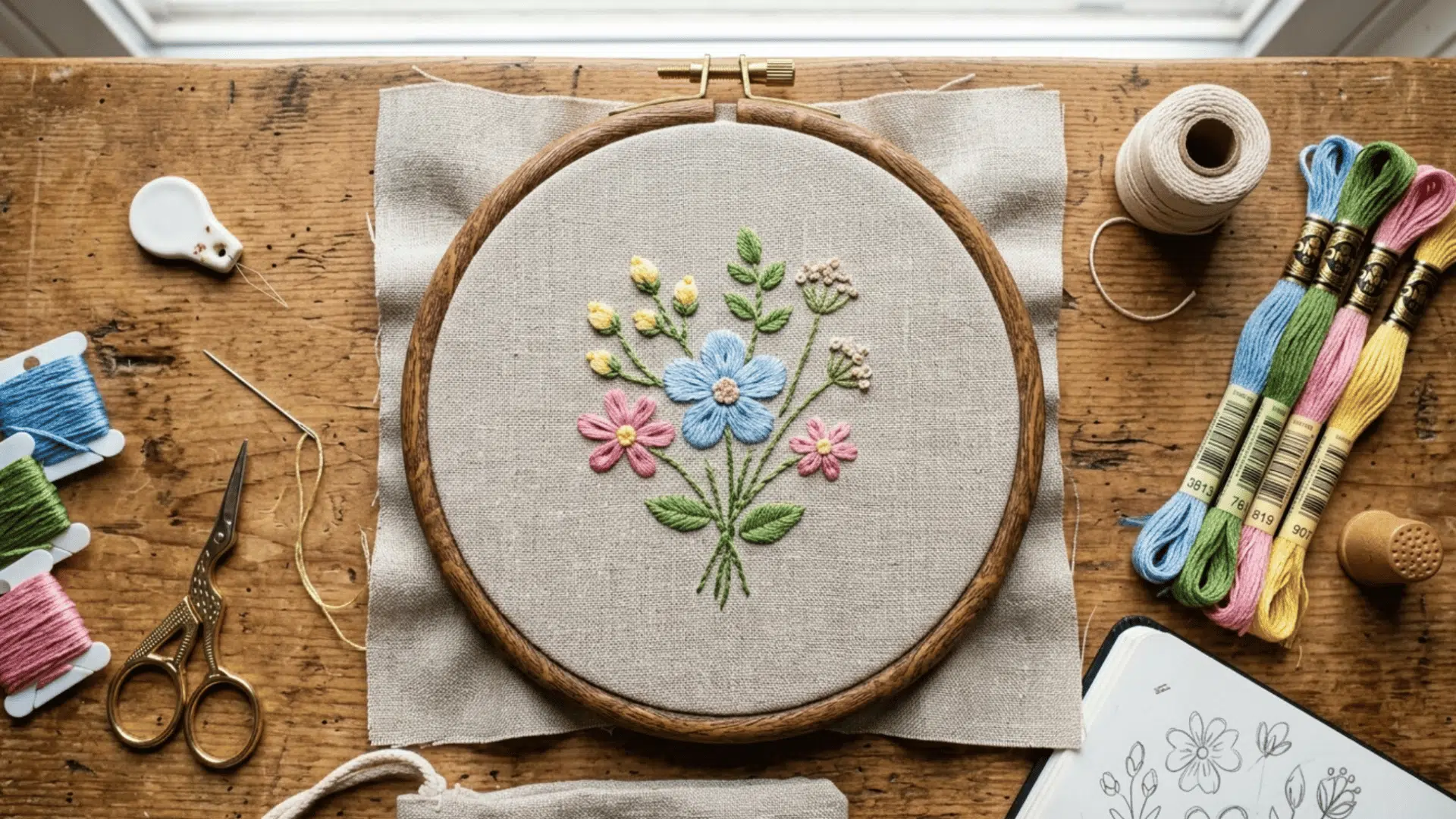embroidery hoop art with stitched design in clean and simple setup