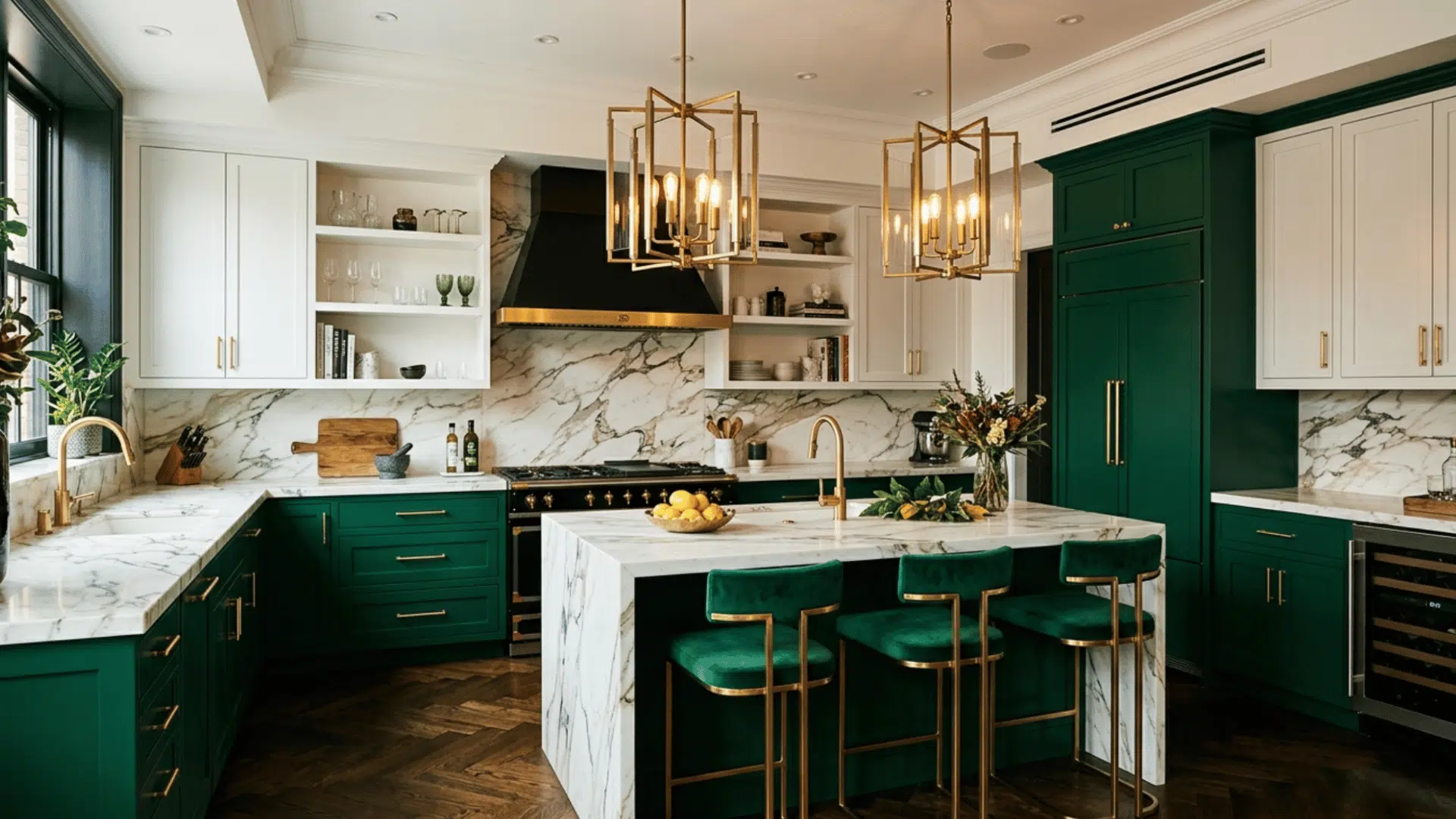 emerald green and white cabinets create a bold and bright kitchen with a fresh modern look