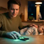 Man in green sweater using smartphone next to sleeping child at wooden table in dimly lit room