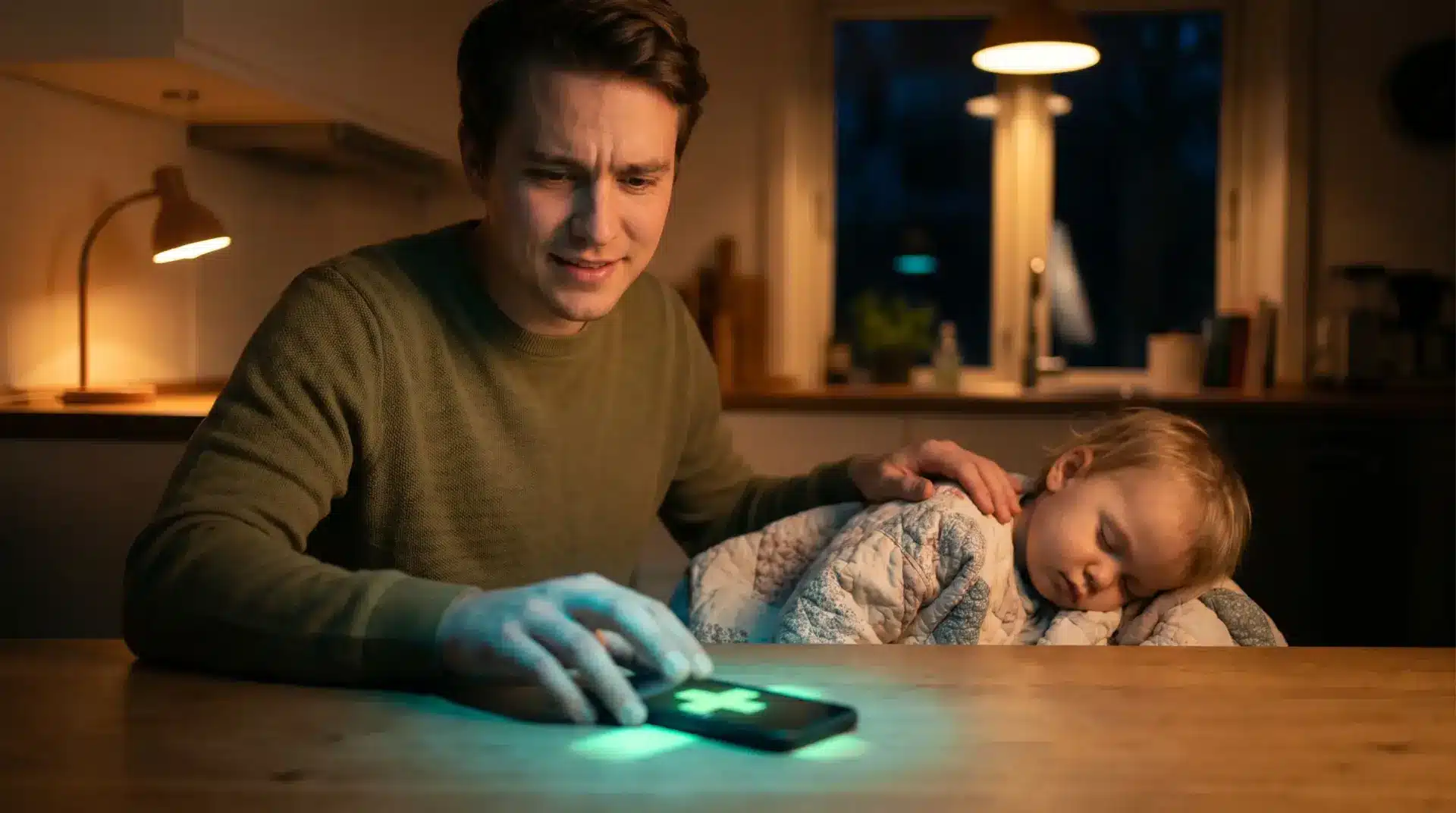 Man in green sweater using smartphone next to sleeping child at wooden table in dimly lit room