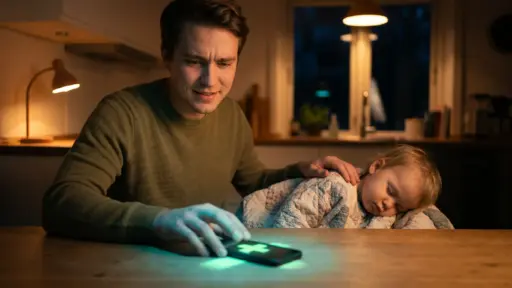 Man in green sweater using smartphone next to sleeping child at wooden table in dimly lit room