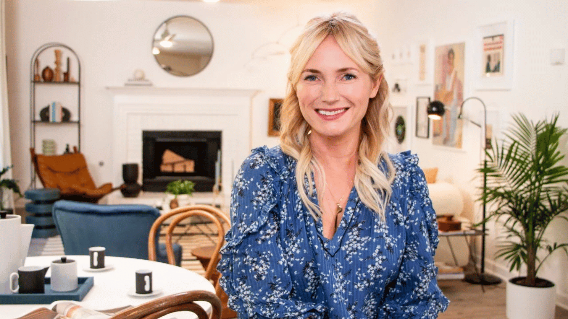emily henderson in a casual living space blending vintage decor with modern interior styling