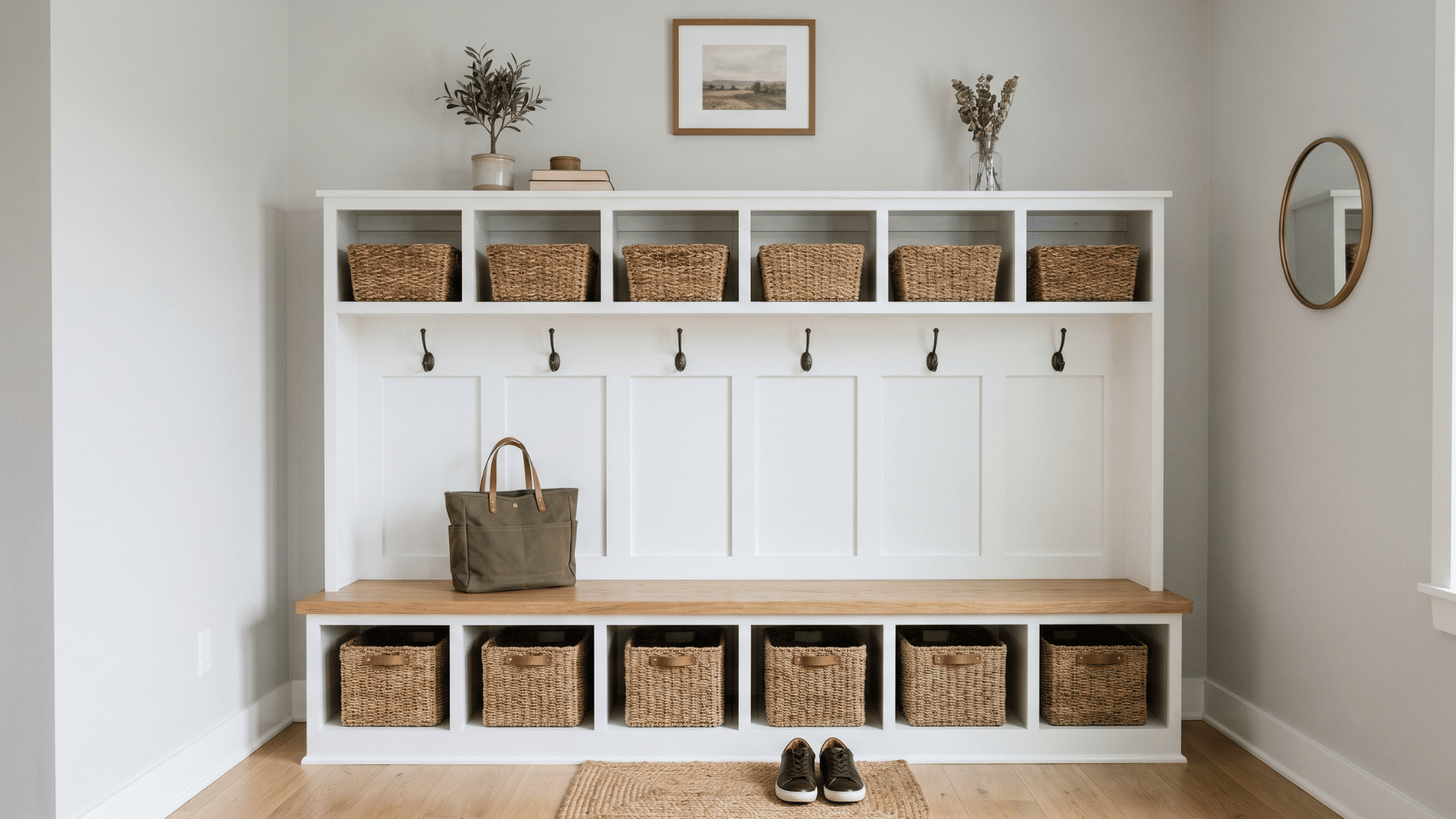 entry bench with storage cubbies and hooks in a clean setup