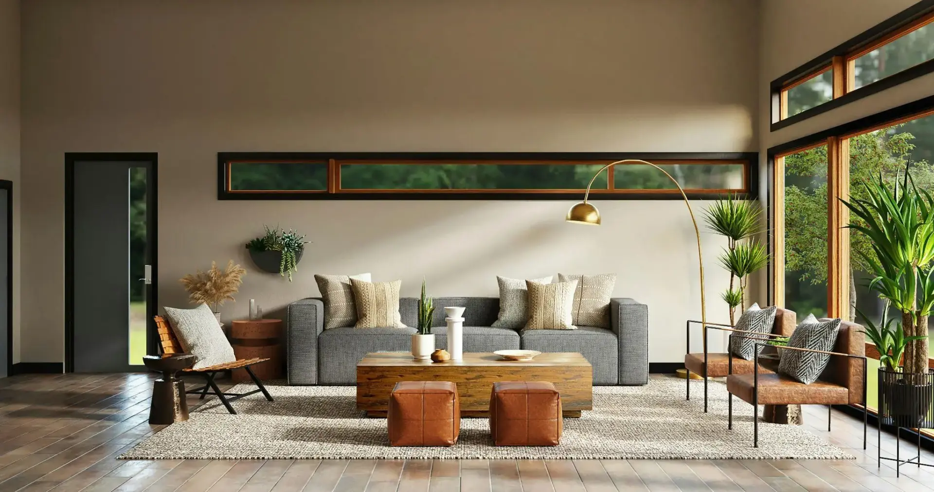 Modern living room with gray sofa, wooden coffee table, and large windows with indoor plants