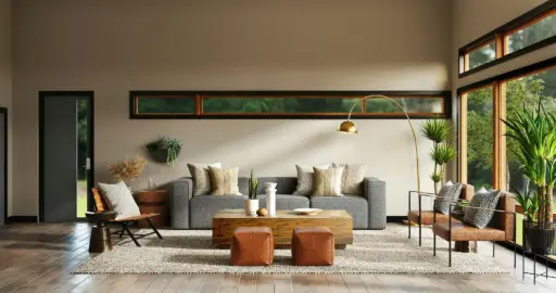 Modern living room with gray sofa, wooden coffee table, and large windows with indoor plants