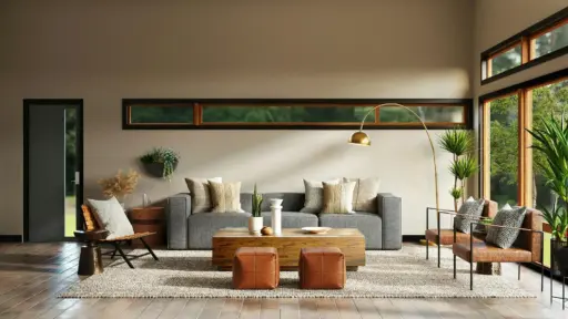 Modern living room with gray sofa, wooden coffee table, and large windows with indoor plants