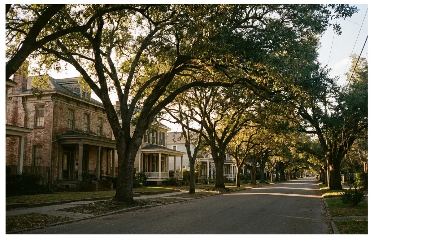 Tree-lined residential street with historic brick houses under dappled sunlight
