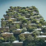 Modern building facade with abundant greenery on balconies under clear sky