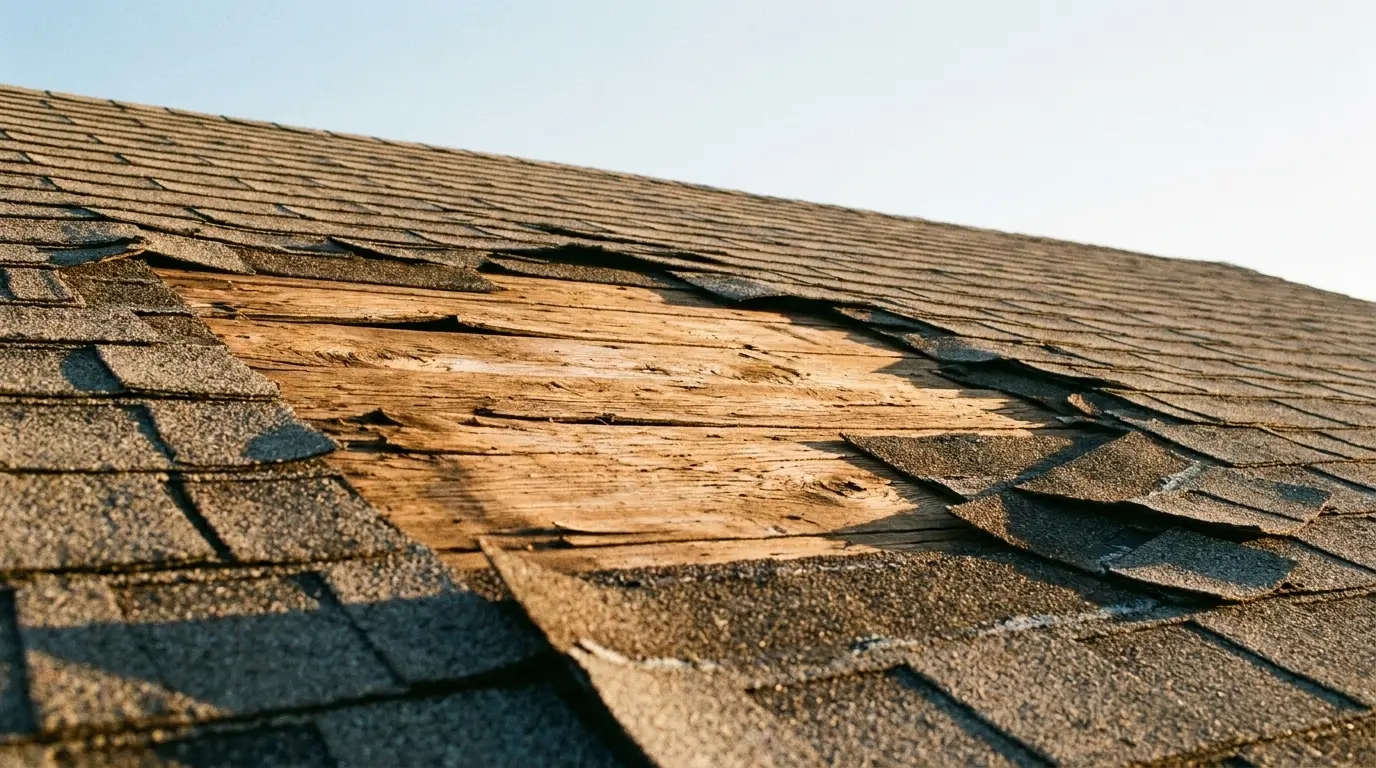 Damaged roof shingles with exposed wooden underlayer in warm natural light