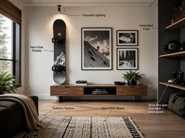 Snowboard mounted on wall in modern living room with framed black-and-white photography and wooden furniture