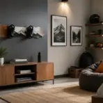 Modern living room with skateboard and snowboard decor, wooden furniture, and cozy bean bag seating