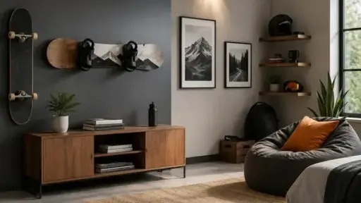 Modern living room with skateboard and snowboard decor, wooden furniture, and cozy bean bag seating