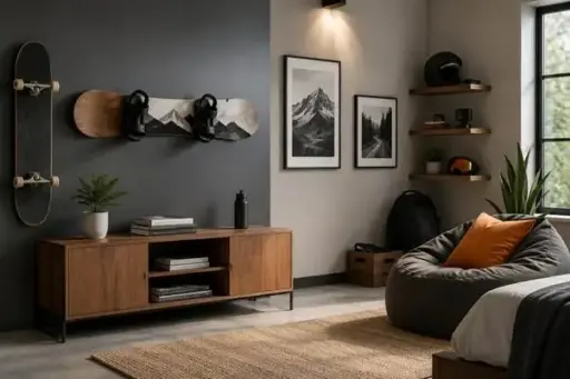 Modern living room with skateboard and snowboard decor, wooden furniture, and cozy bean bag seating