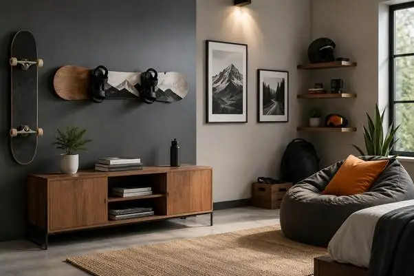 Modern living room with skateboard and snowboard decor, wooden furniture, and cozy bean bag seating
