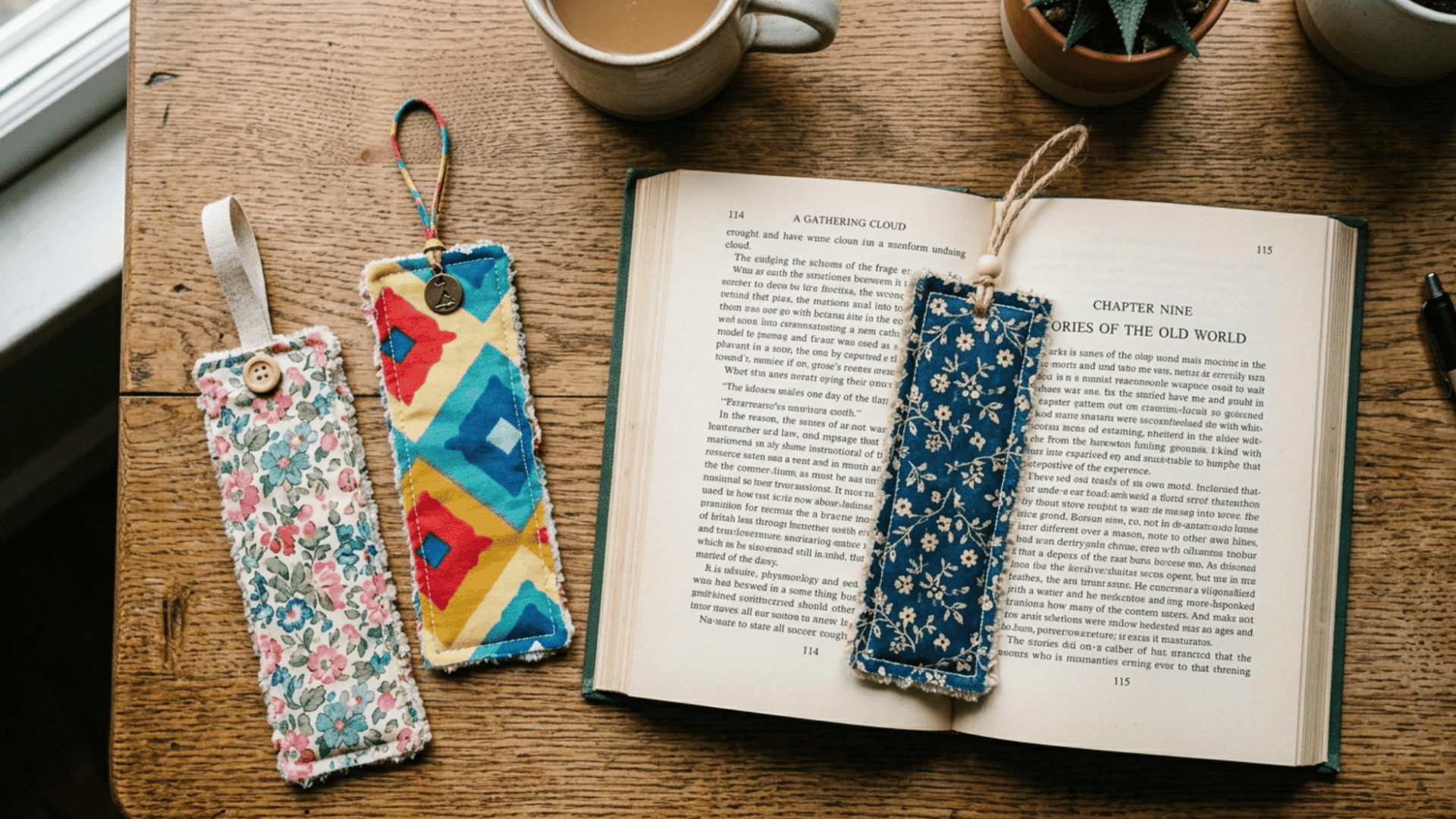fabric scrap bookmarks placed inside book with soft textures and cozy reading vibe