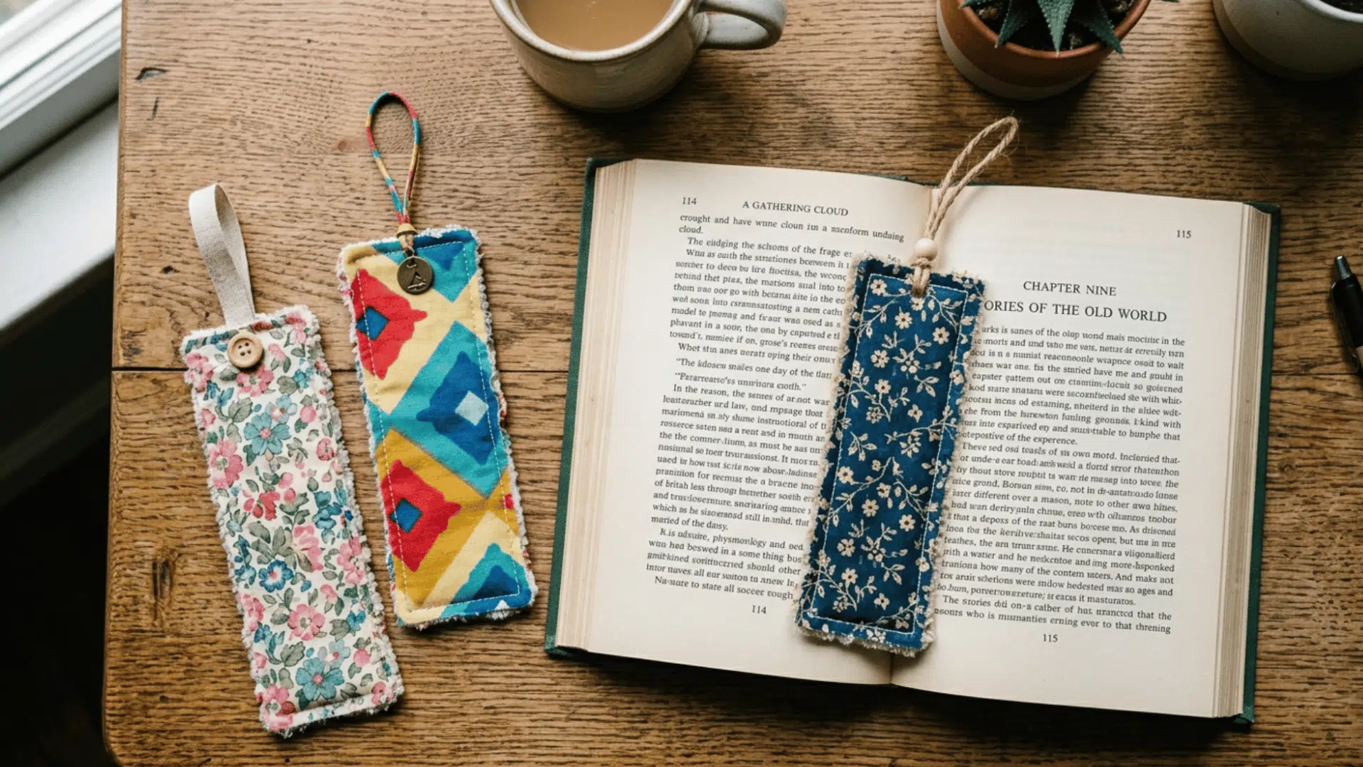 fabric scrap bookmarks placed inside book with soft textures and cozy reading vibe