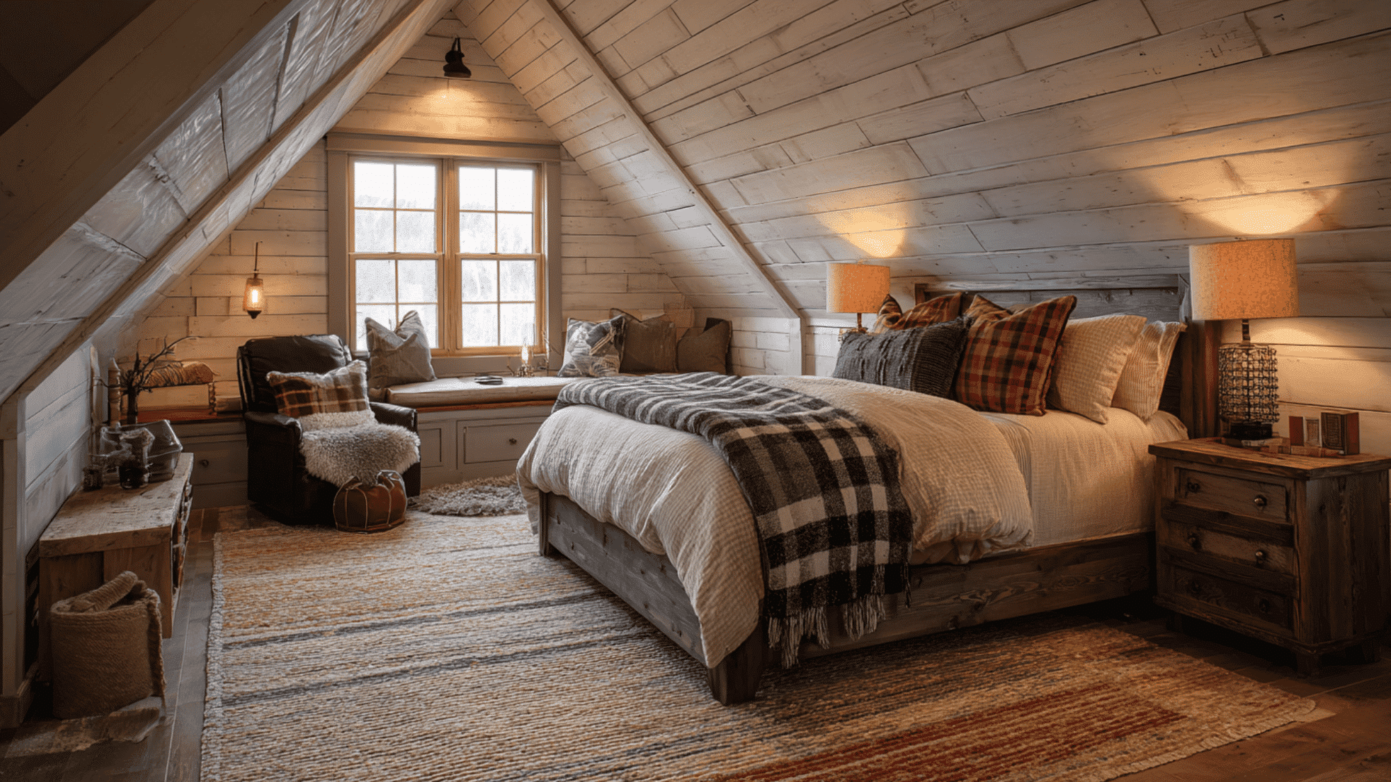 farmhouse attic bedroom with shiplap walls rustic décor and soft textiles creating cozy warm feel