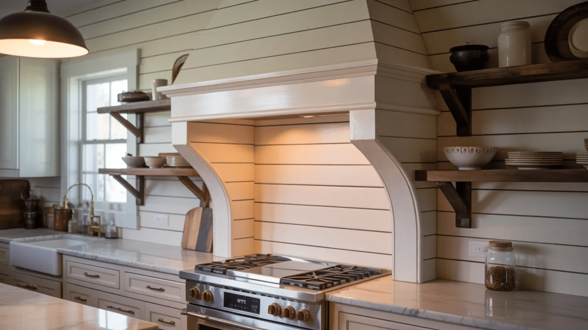 farmhouse kitchen with off-white shiplap walls large range hood gas stove marble counters open wooden shelves and window above sink