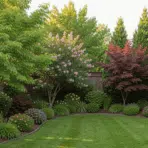 fast growing trees create a greener backyard with colorful shrubs evergreens and manicured lawn landscaping
