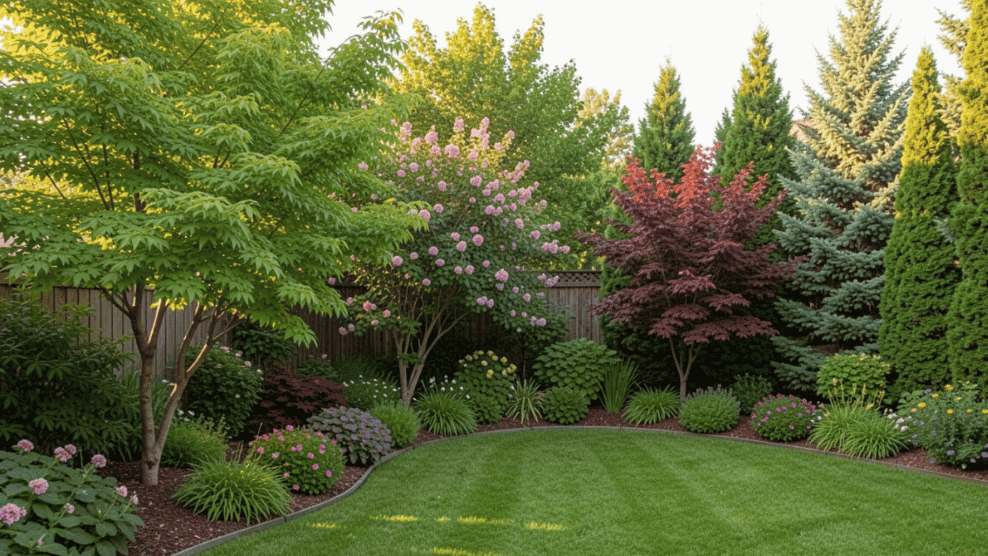 fast growing trees create a greener backyard with colorful shrubs evergreens and manicured lawn landscaping