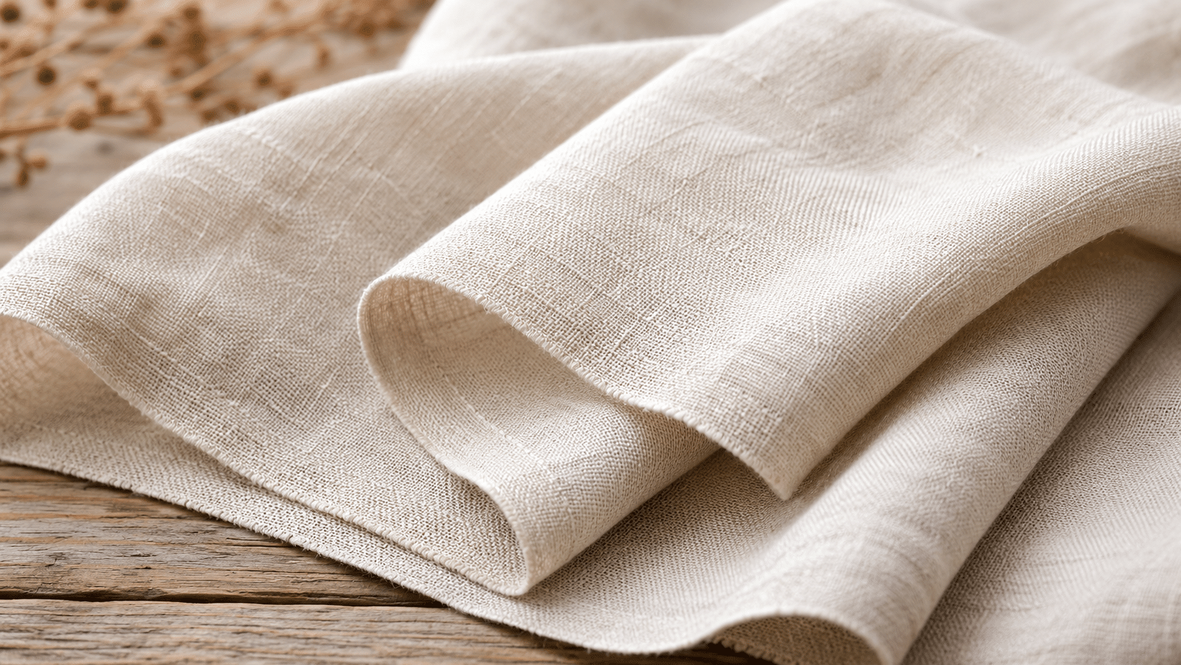finished beige linen fabric with soft folds and visible woven texture resting on a rustic wooden surface after production