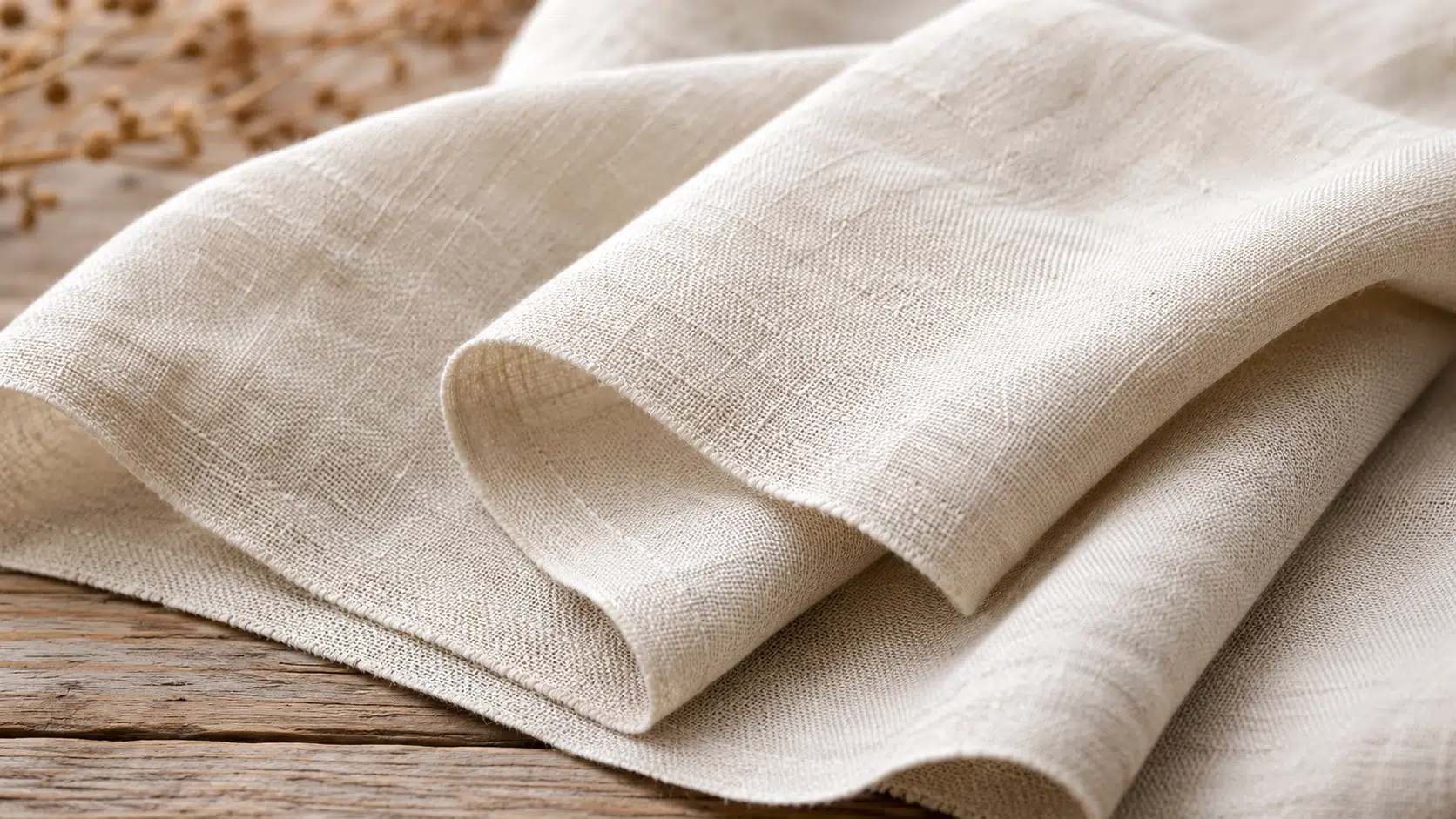 finished beige linen fabric with soft folds and visible woven texture resting on a rustic wooden surface after production