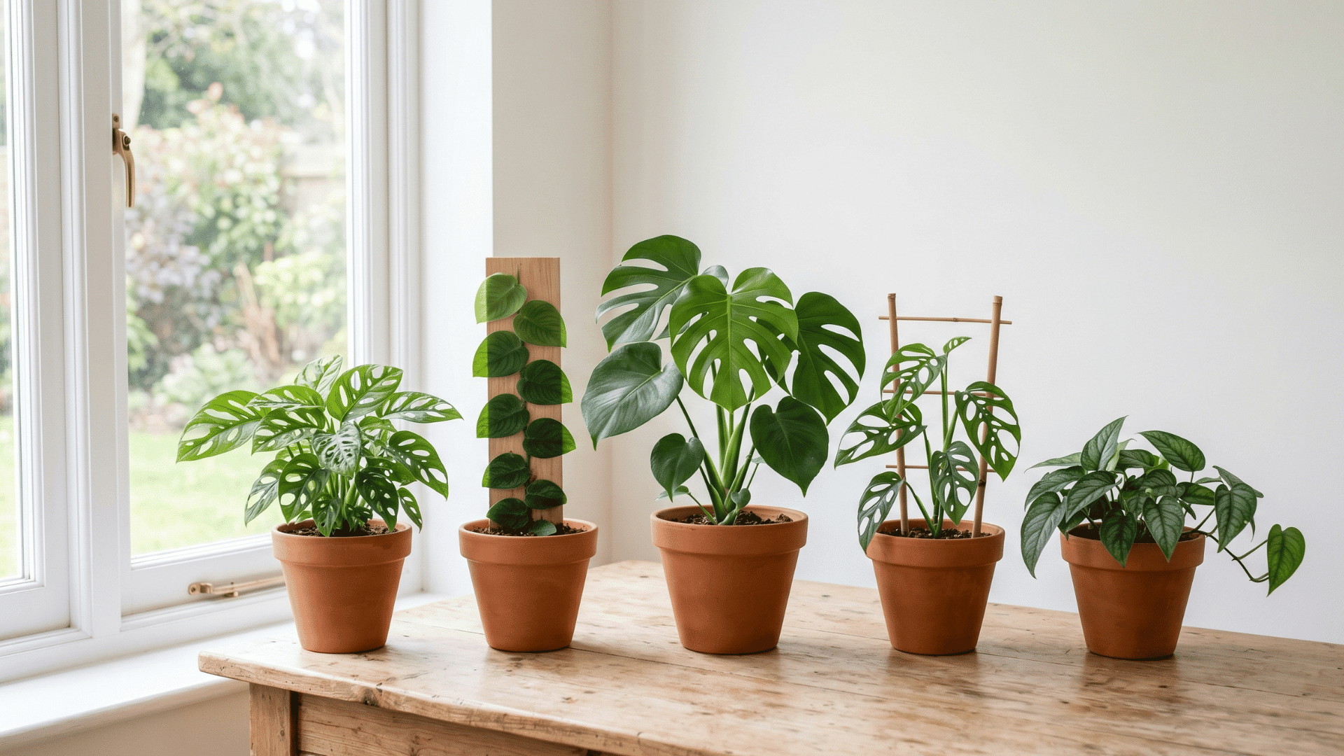 five different monstera plants in simple pots arranged neatly on a wooden table in a bright indoor setting