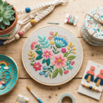 flat lay of diy crafts including embroidery hoop art, coasters, candle, earrings and plant on wooden table with soft natural light
