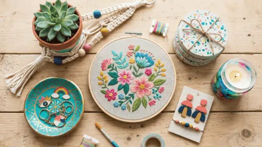 flat lay of diy crafts including embroidery hoop art, coasters, candle, earrings and plant on wooden table with soft natural light