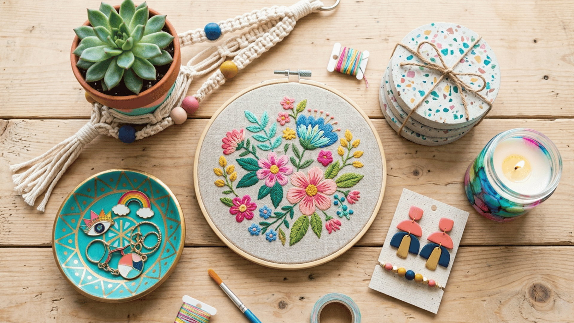 flat lay of diy crafts including embroidery hoop art, coasters, candle, earrings and plant on wooden table with soft natural light