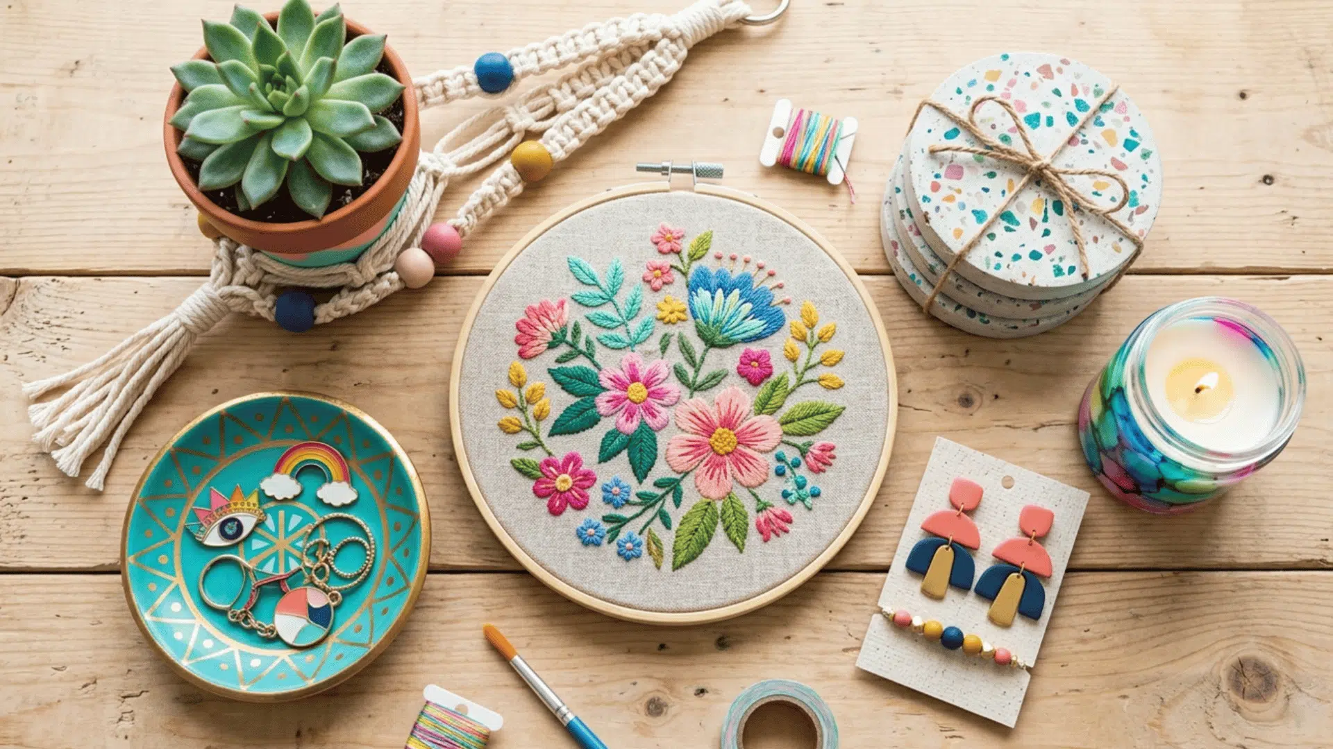 flat lay of diy crafts including embroidery hoop art, coasters, candle, earrings and plant on wooden table with soft natural light