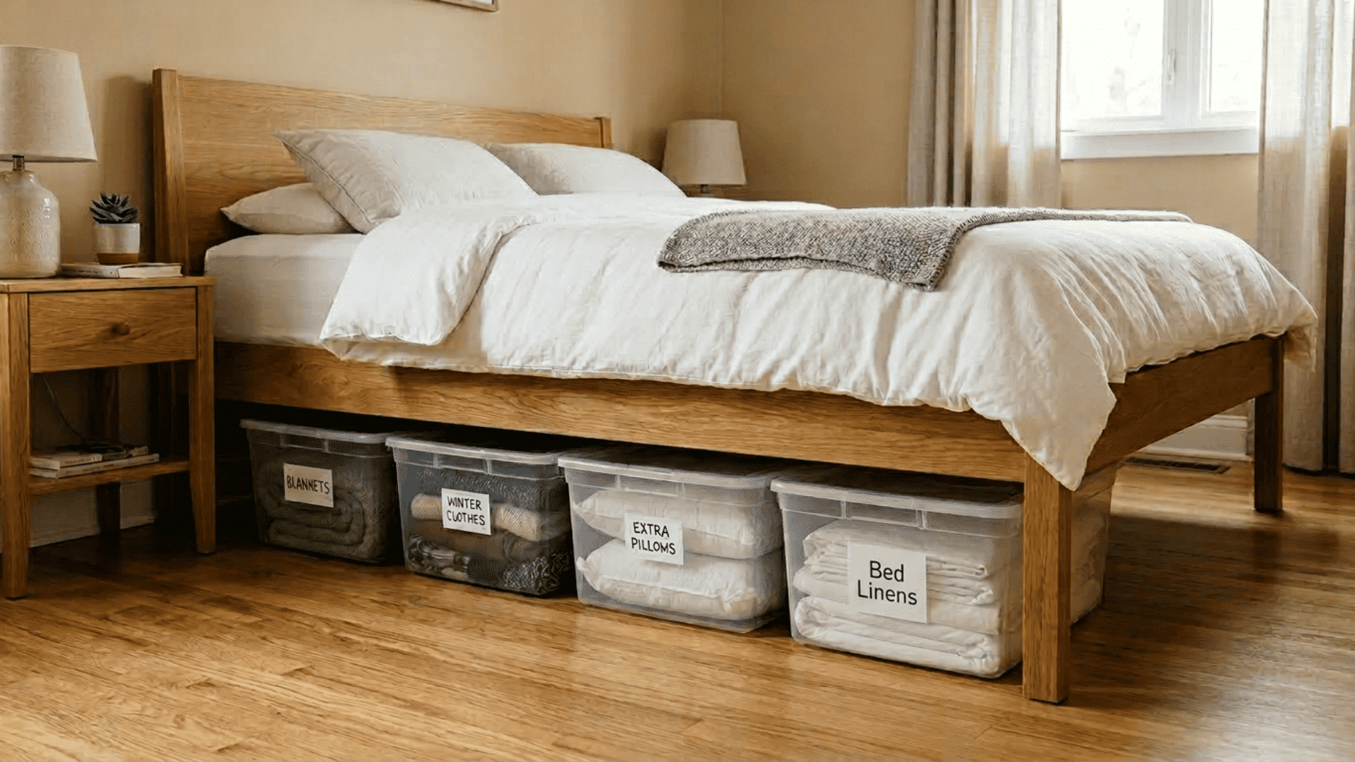 flat rolling storage bins pulled out from under a bed with folded blankets and seasonal items inside