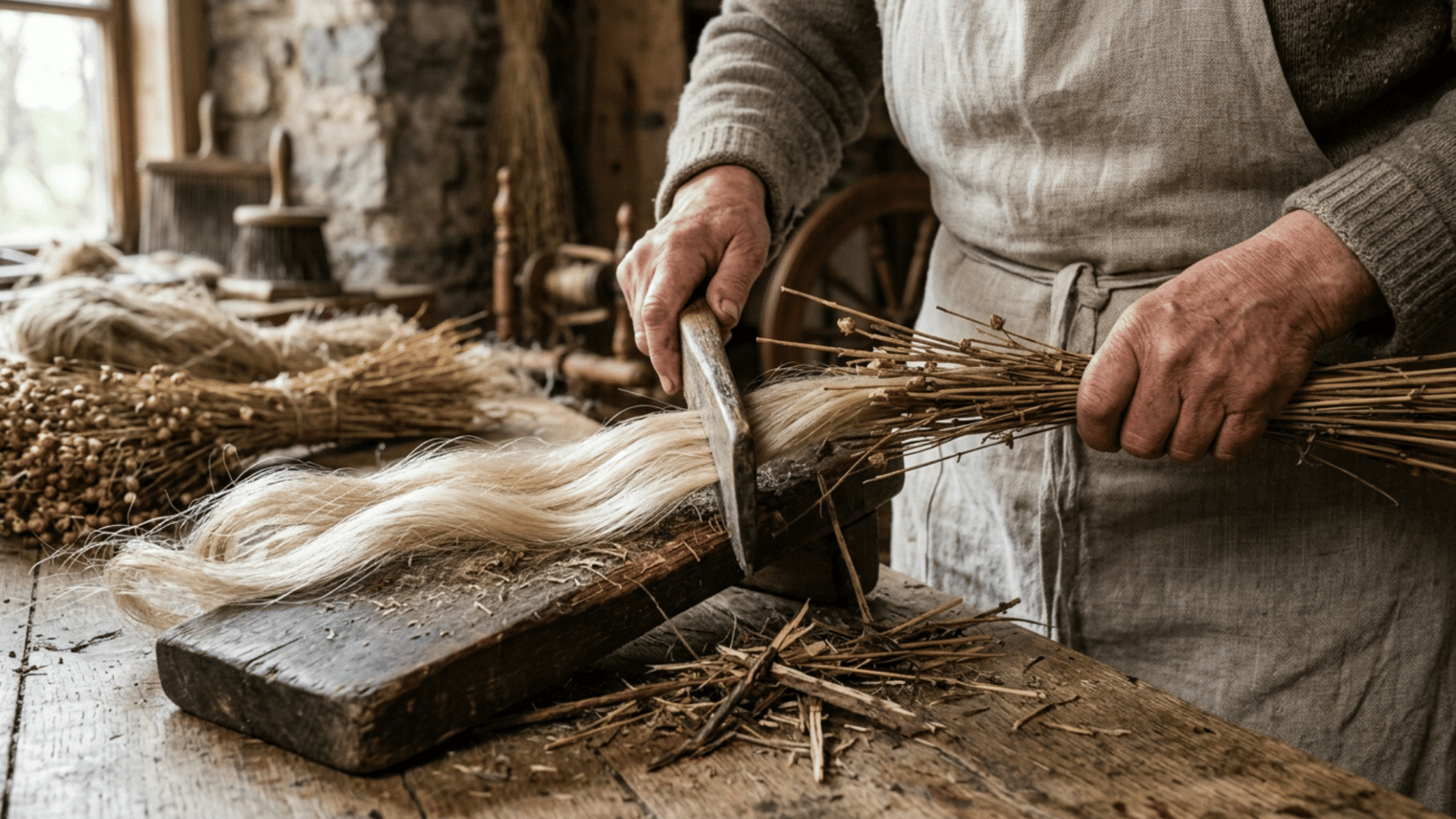 Flax fibers being separated from woody stems using tools, revealing smooth fibers in a rustic setting