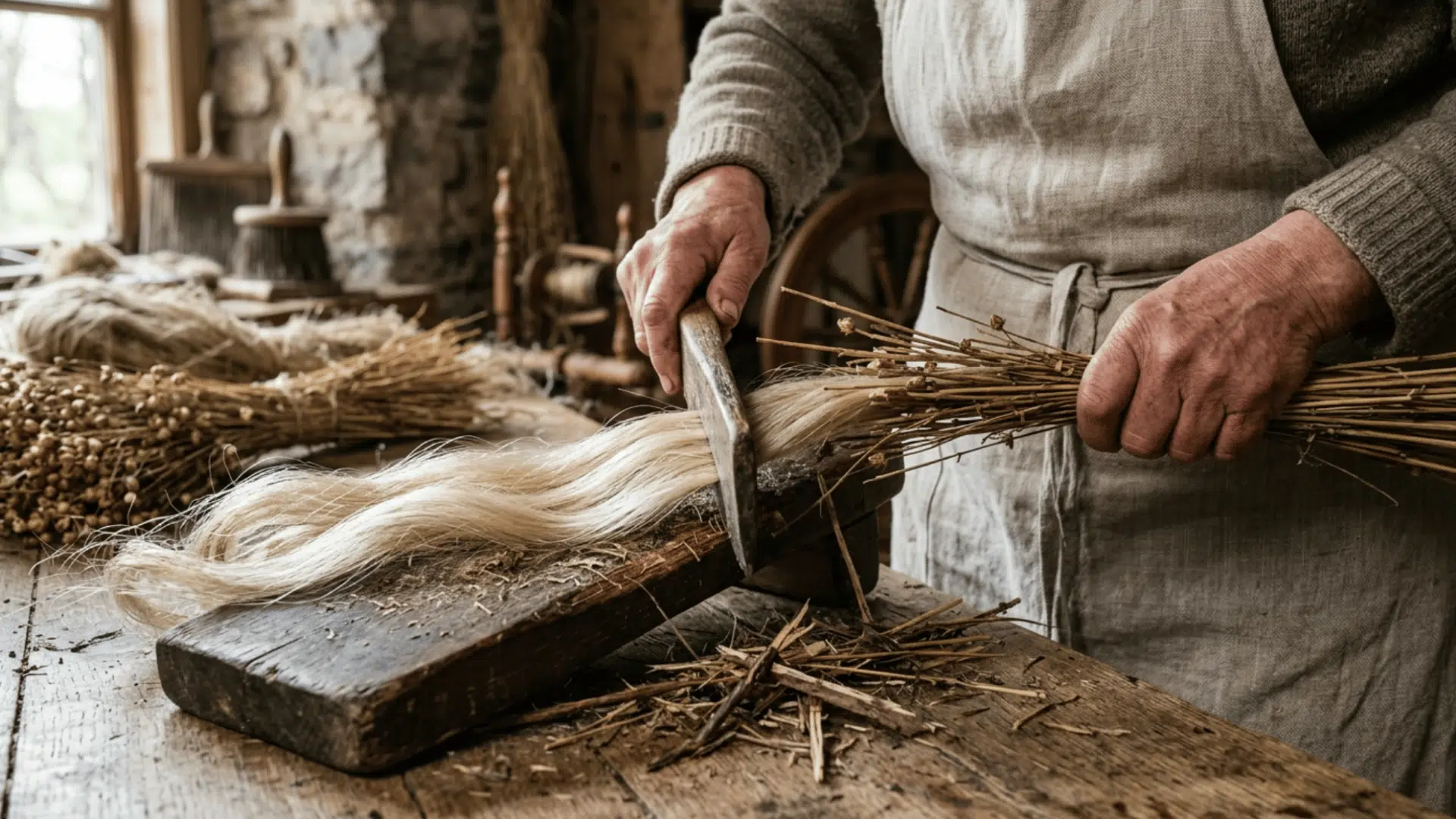 Flax fibers being separated from woody stems using tools, revealing smooth fibers in a rustic setting