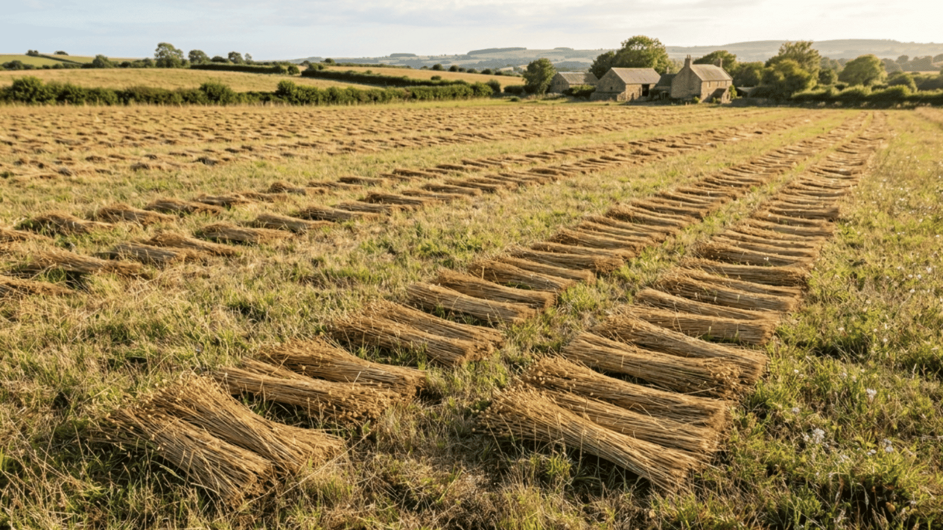 Flax stems laid across a grassy field, drying evenly under sunlight in a calm and open rural environment