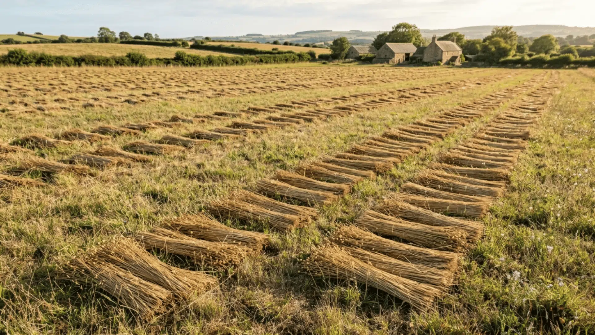 Flax stems laid across a grassy field, drying evenly under sunlight in a calm and open rural environment
