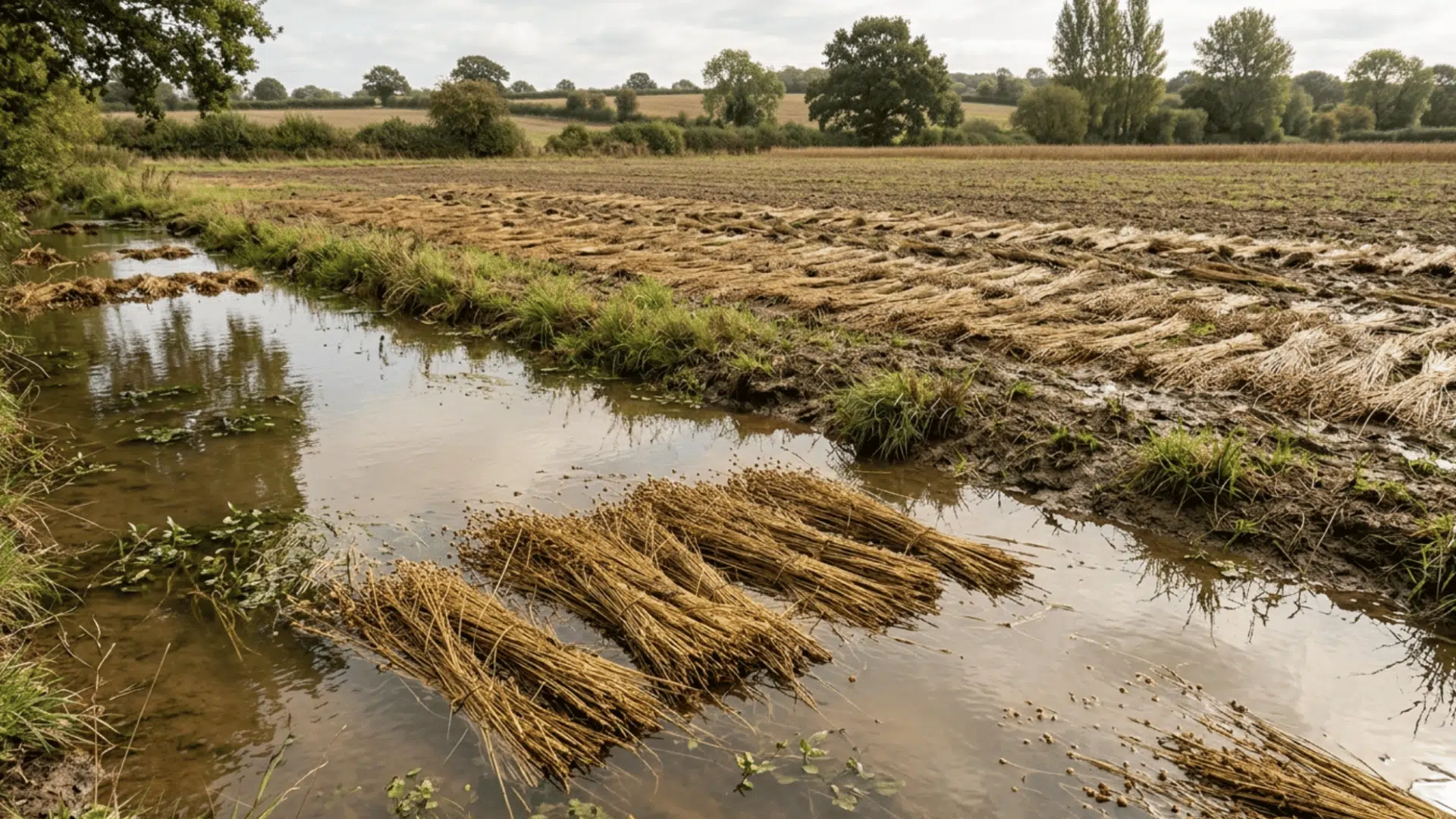 Flax stems soaking in water and spread in fields, breaking down naturally to loosen plant fibers for processing