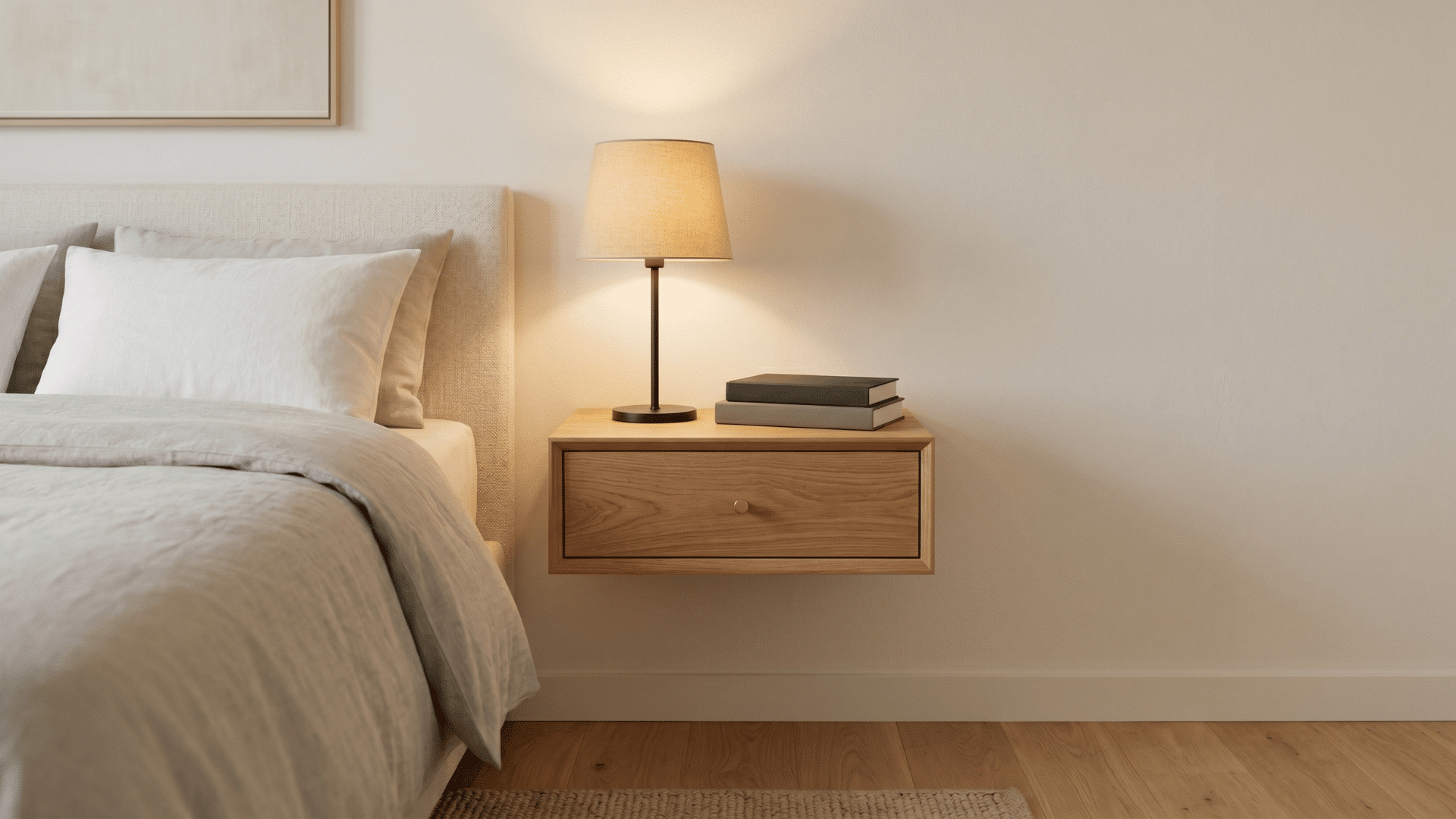 floating bedside table with drawer mounted on wall beside a simple bed