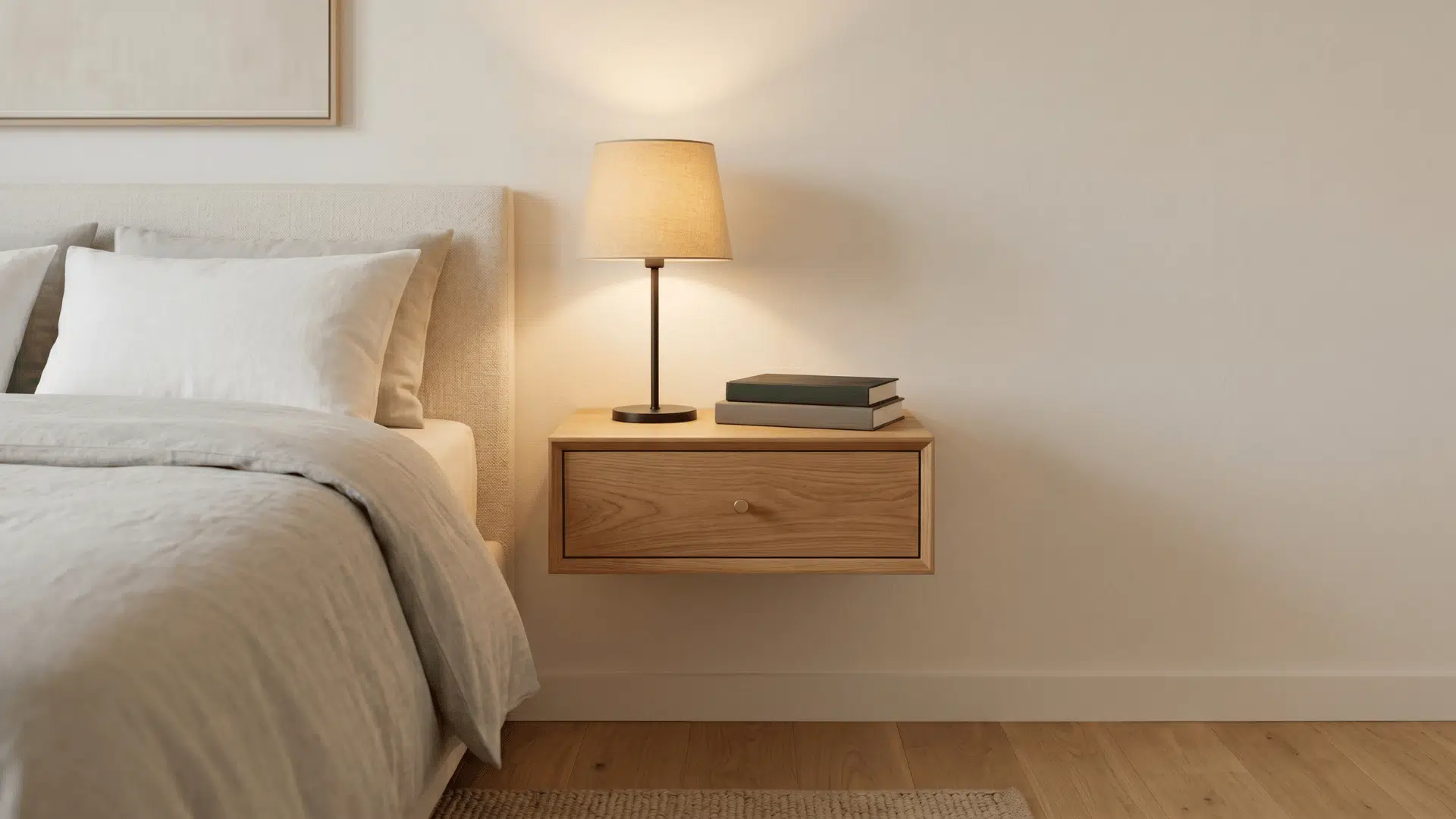 floating bedside table with drawer mounted on wall beside a simple bed