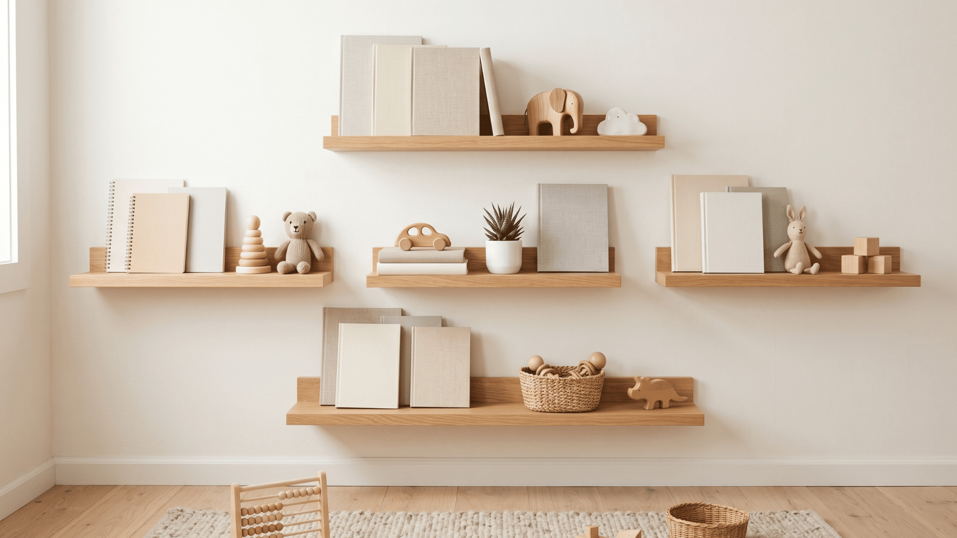 floating shelves with blank books and toys spaced neatly clean wall natural light minimal decor calm setup