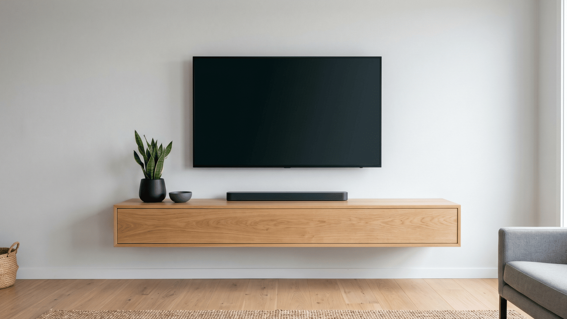 floating tv shelf mounted on wall with clean minimal setup