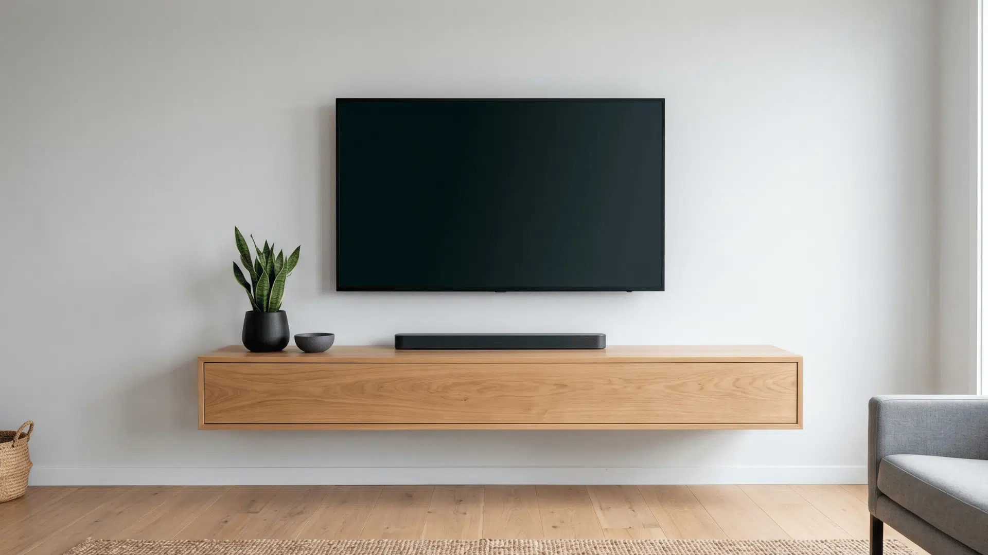 floating tv shelf mounted on wall with clean minimal setup