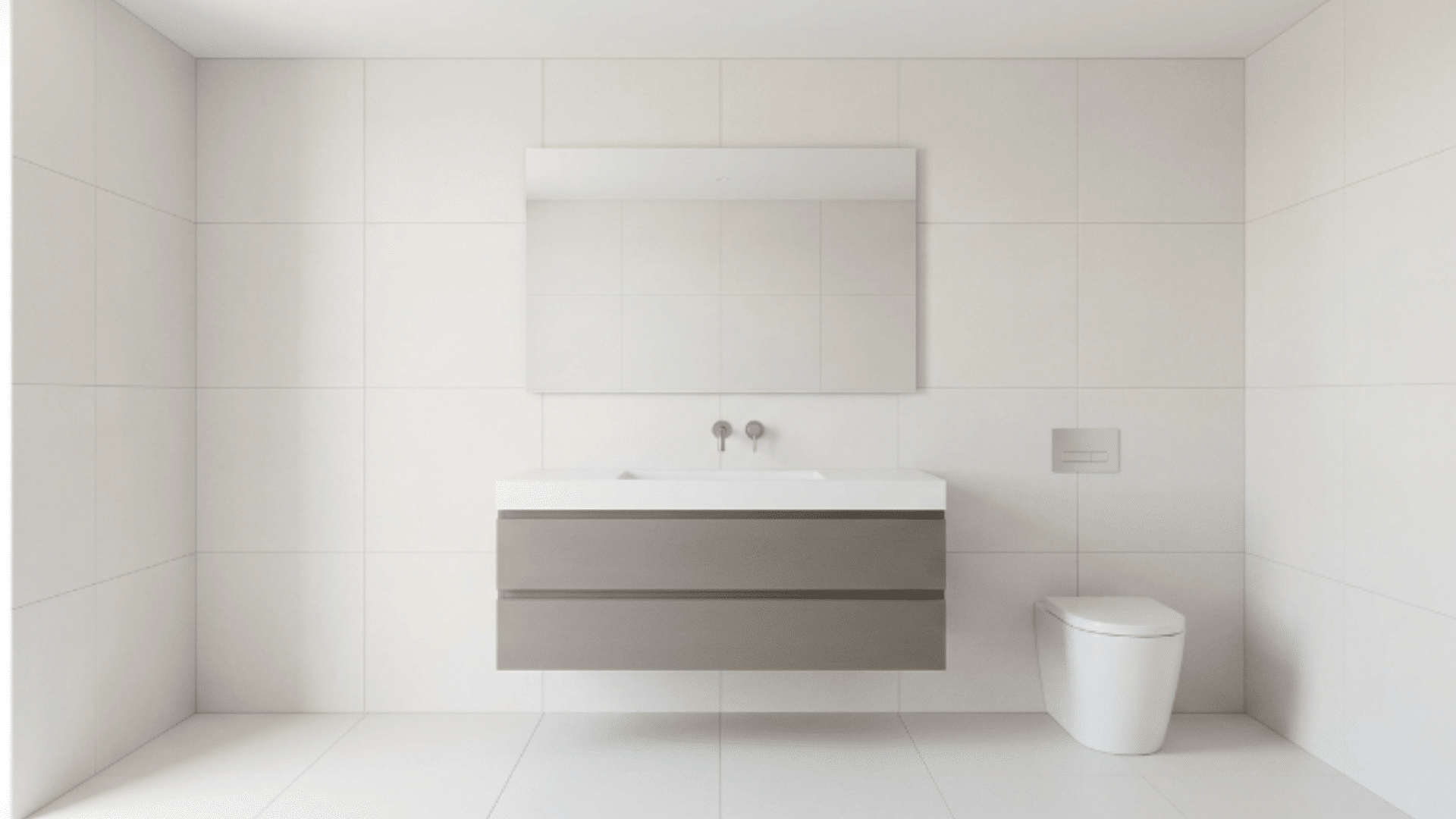 floating vanity modern guest bathroom with clean lines open floor neutral tones front view