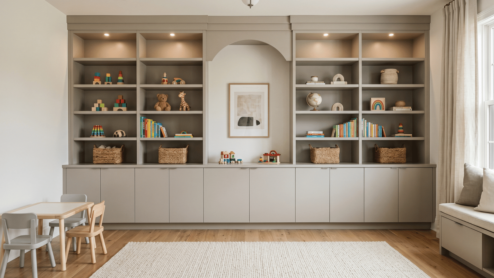 floor to ceiling built in cabinets closed bottom open top shelves minimal toys clean neutral playroom setup