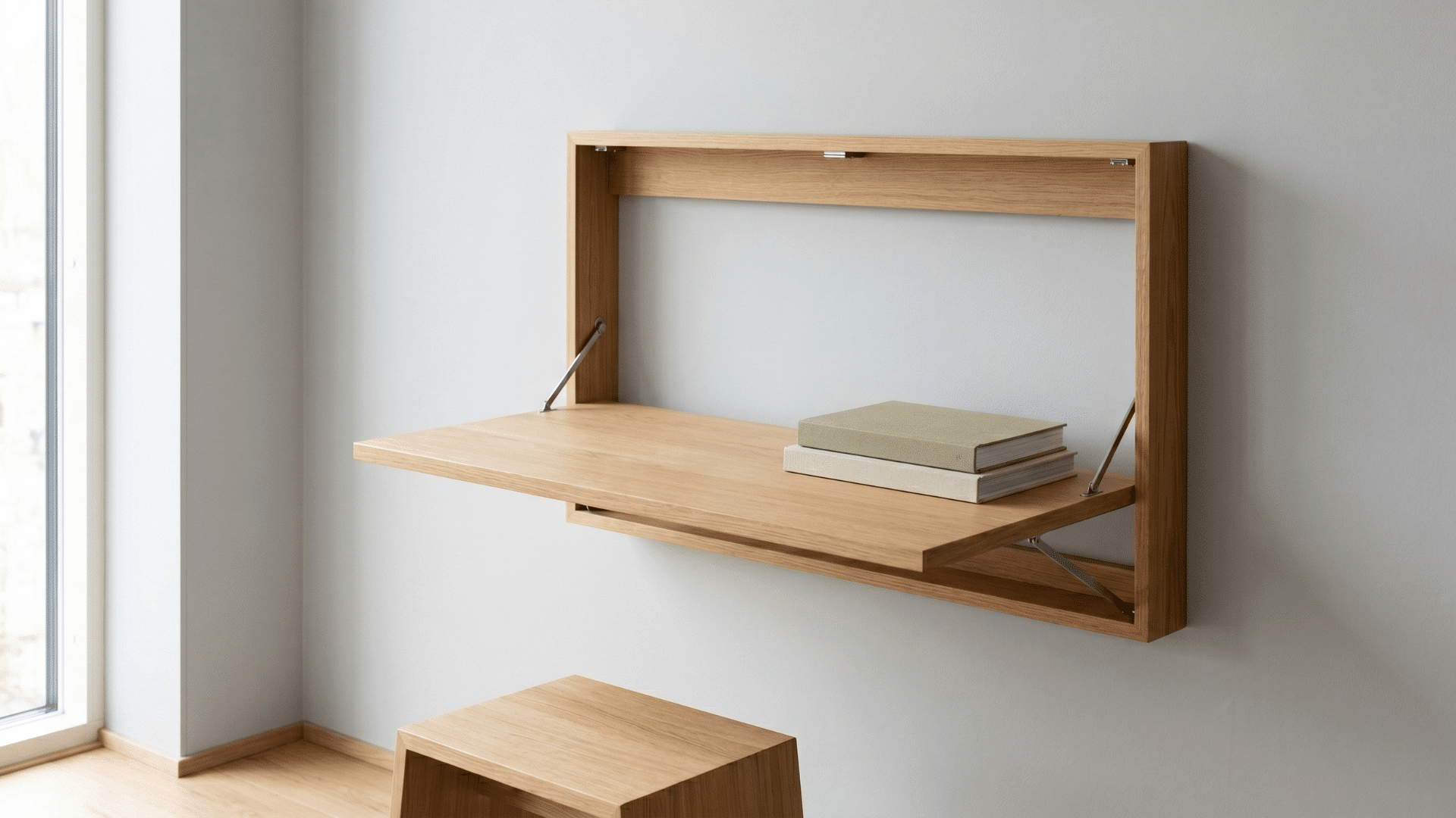 foldable wall desk opened flat against a clean wall in a minimal interior