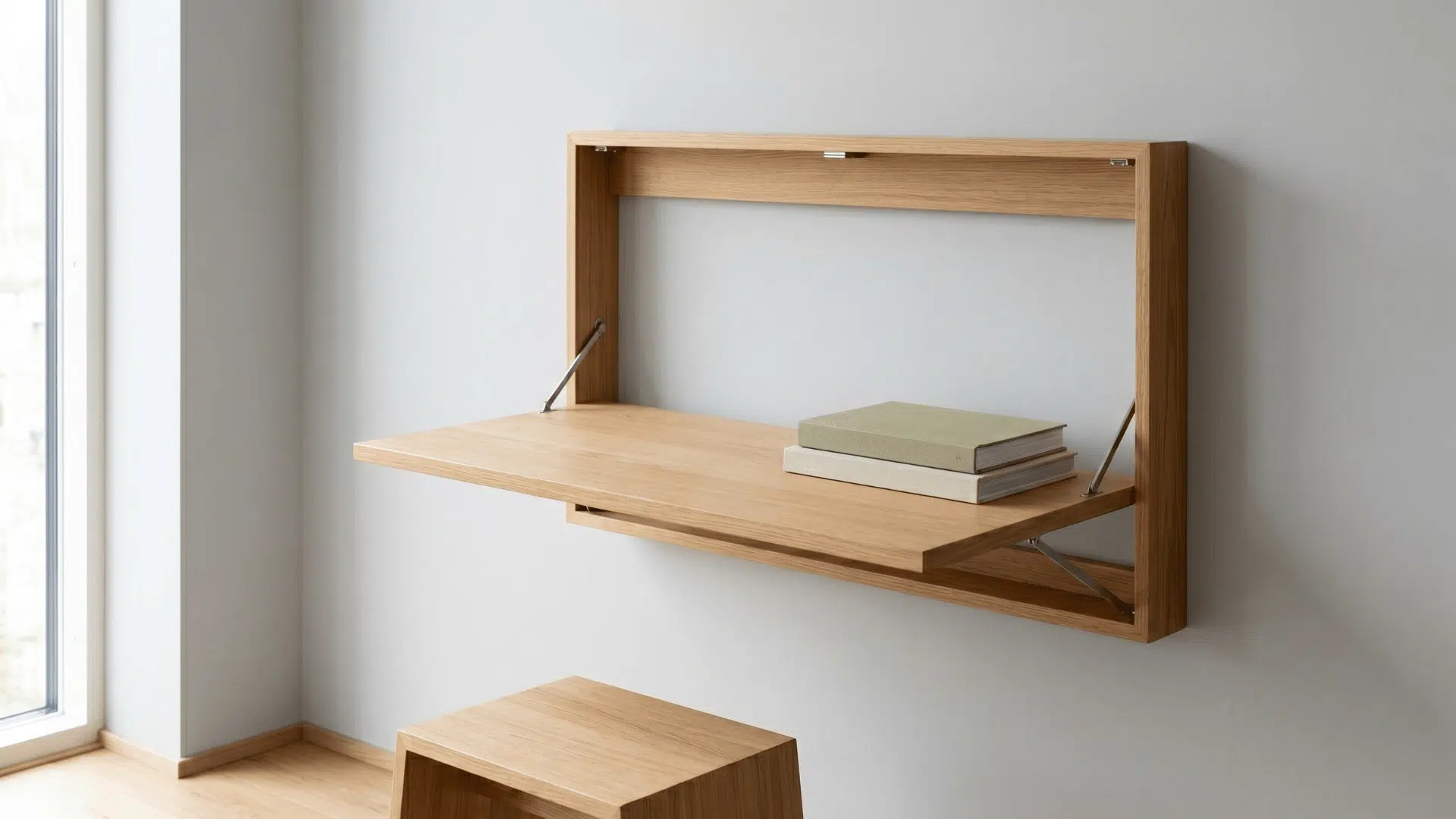 foldable wall desk opened flat against a clean wall in a minimal interior