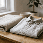 folded linen shirt and fabric placed on a wooden table with dried stems, showing natural texture and simple styling.