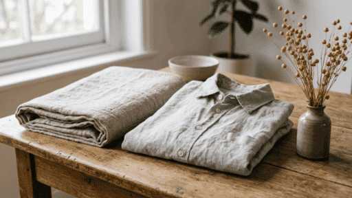 folded linen shirt and fabric placed on a wooden table with dried stems, showing natural texture and simple styling.