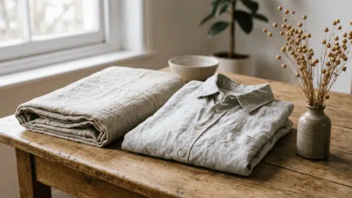 folded linen shirt and fabric placed on a wooden table with dried stems, showing natural texture and simple styling.